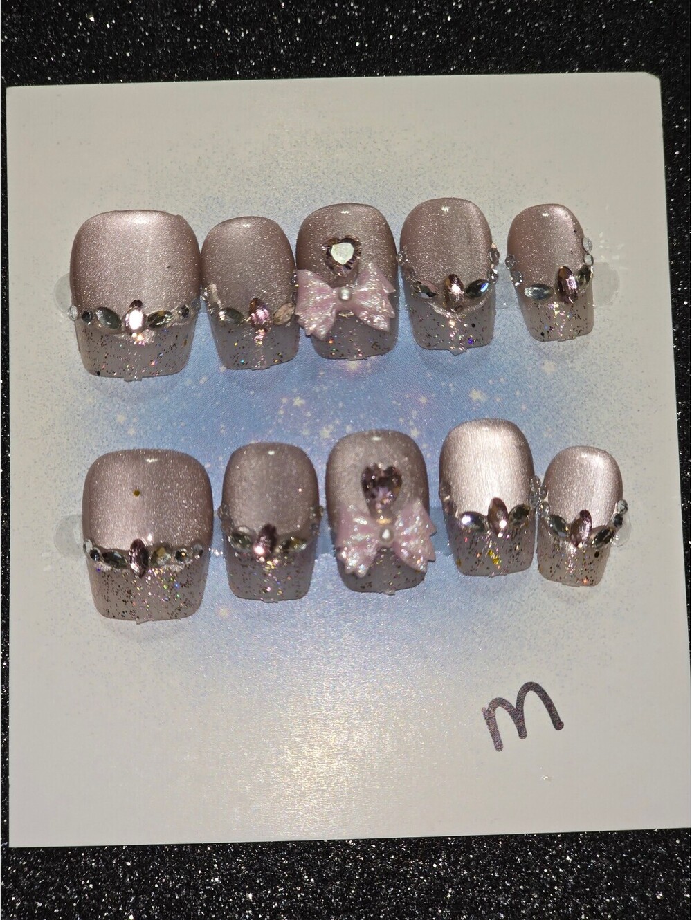 Set of 10 Glittery Pink Press-On Nails with Rhinestone and Bow Accents